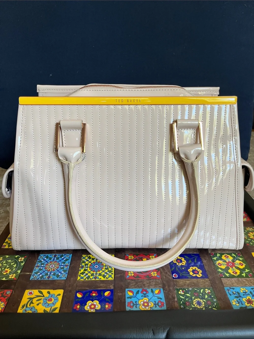 Ted Baker Cream Patent Leather Satchel with Yellow Trim